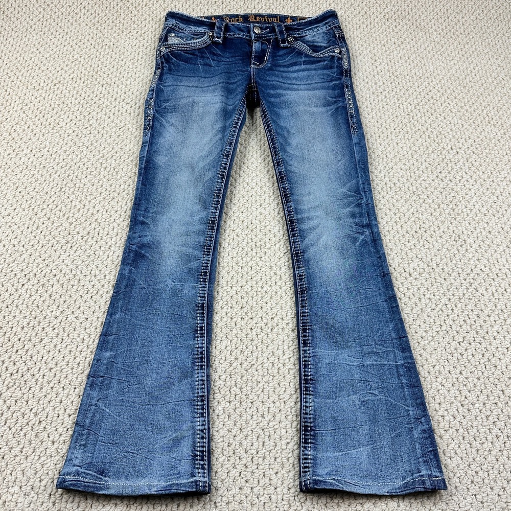 Rock Revival Jeans Womens 25 (Fits 28x29) Blue Fenna Boot Cut Low Rise Whiskered